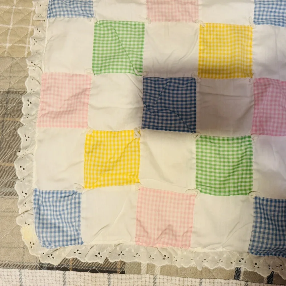 Vintage Baby Blanket Square Crib Toddler Bed Quilted Blue Multicolor Patchwork